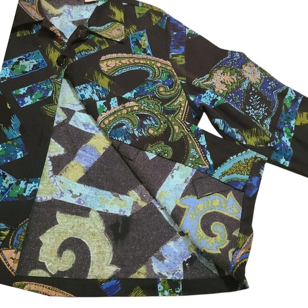 Life Style Woman Black Teal Green Gold Paisley Printed Jacket 1X - Picture 6 of 16